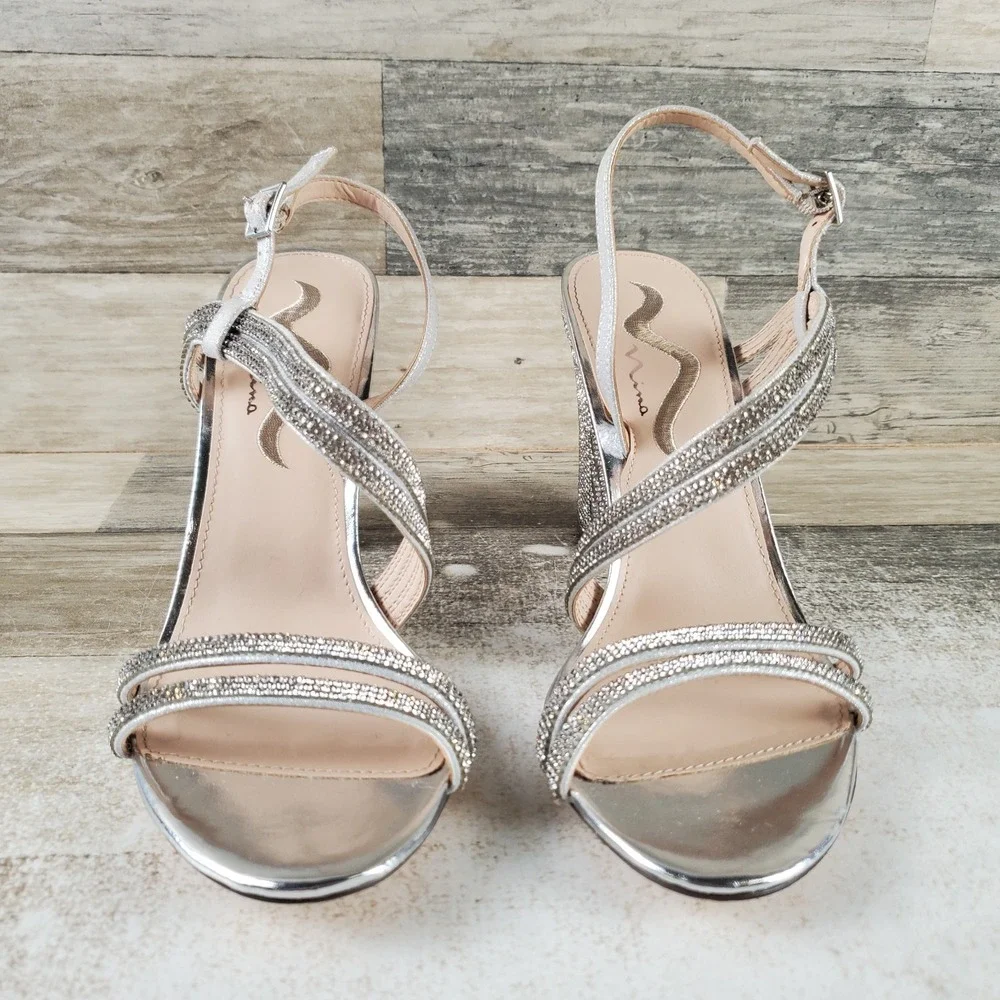 Nina Sabetha Womens Sandals Sz 9.5 M White Rhinestone Embellished Block Heel